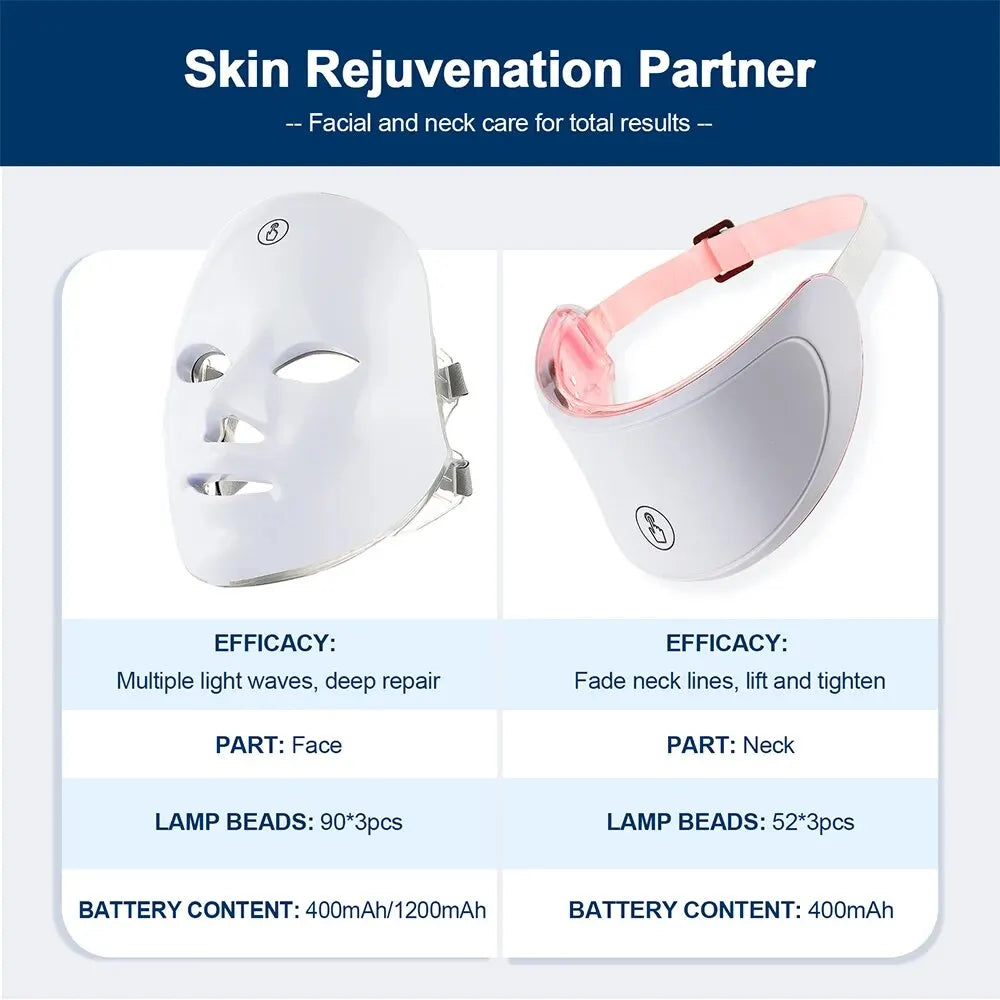 LED Face Mask with Neck Piece — 7 Colors Light Therapy for Skin Tightening & Anti-Aging