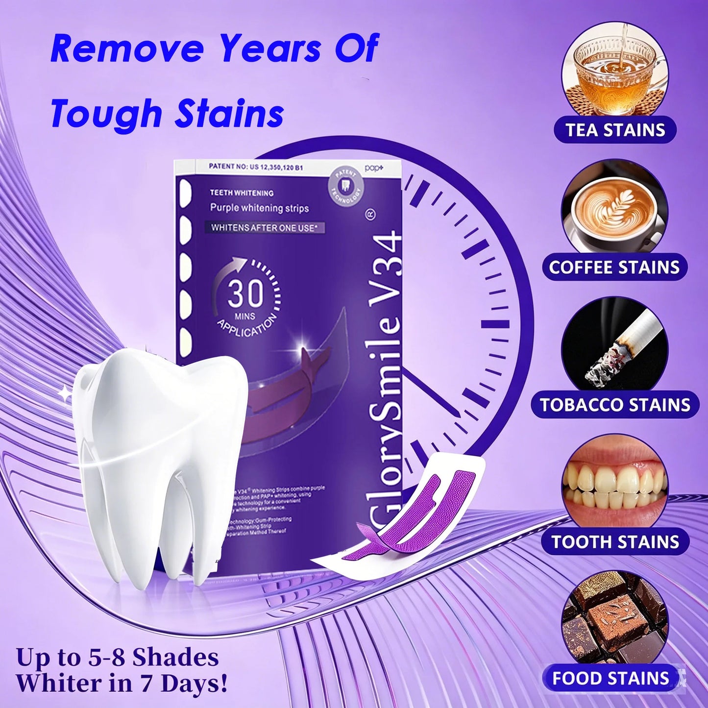 V34 Purple Teeth Whitening Strips — Whiter Teeth in 7 Days